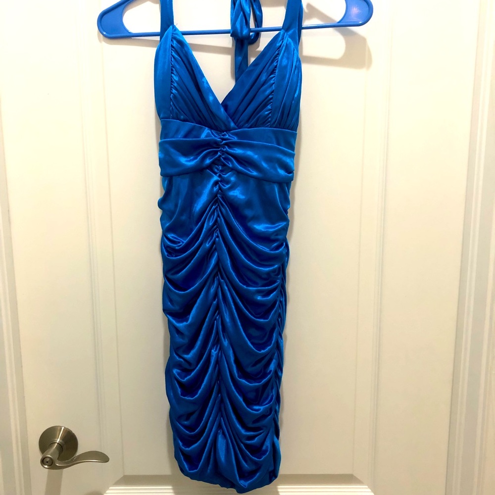 Ruched, electric blue mini dress, worn once excellent condition not super short
